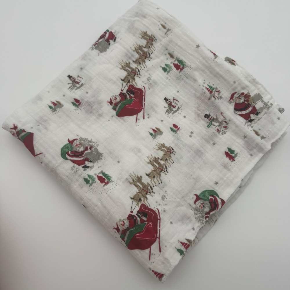 Pottery Barn Kids Christmas Santa Reindeer Muslin Swaddle Blanket Organic Cotton